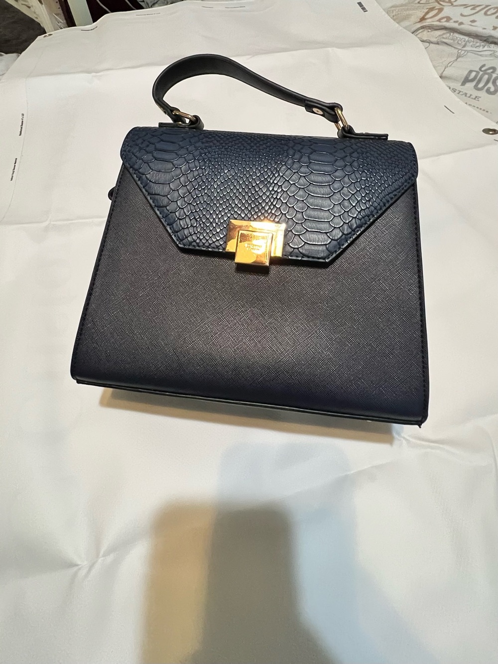 Dune London Black & Navy Snake-Embossed Top Handle Satchel